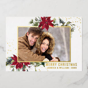 Elegant Christmas Poinsettia Photo Gold Foil Holiday Card