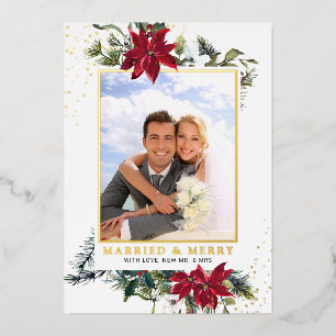 Elegant Christmas Poinsettia Photo Gold Foil Holiday Card