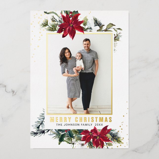 Elegant Christmas Poinsettia Photo Gold Foil Holiday Card (Front)