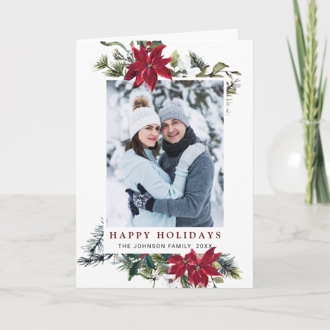 Elegant Christmas Poinsettia Photo Greeting Holiday Card (Front)