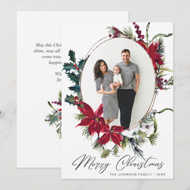 Elegant Christmas Poinsettia Photo Greeting Holiday Card (Front/Back)