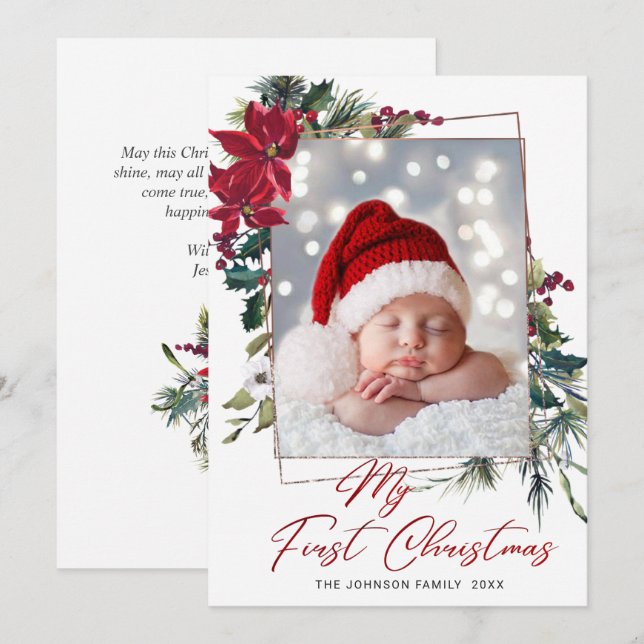 Elegant Christmas Poinsettia Photo Greeting Holiday Card (Front/Back)