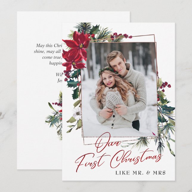 Elegant Christmas Poinsettia Photo Holiday Card (Front/Back)