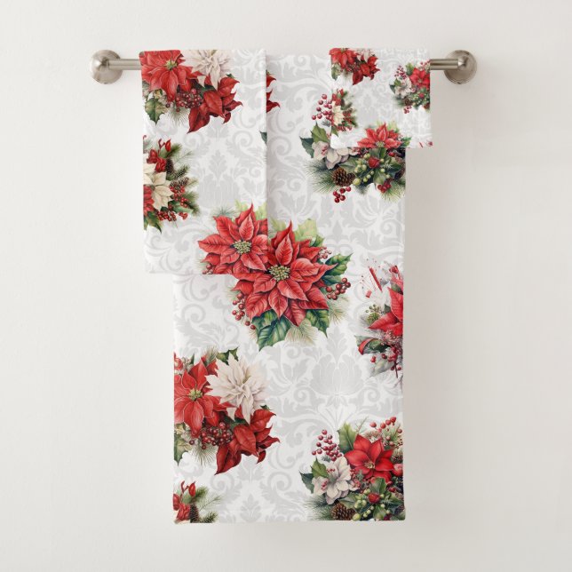 Elegant Christmas Poinsettias and Damask Bath Towel Set (Insitu)