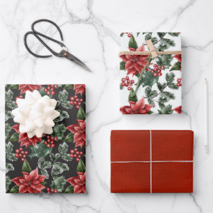 Elegant Christmas Poinsettias Variety Wrapping Paper Sheet