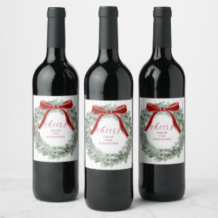 Elegant Christmas Red Bow Wreath Cheers Wine Label