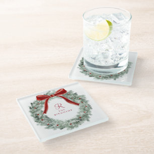 Elegant Christmas Red Bow Wreath Monogram Glass Coaster