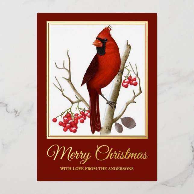 Elegant Christmas Red Cardinal Bird Foil Holiday Card (Front)