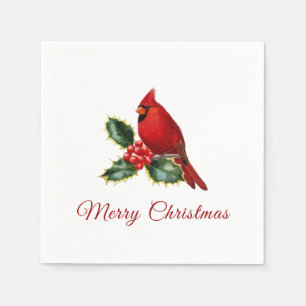 Elegant Christmas Red Cardinal Bird Holly Napkin