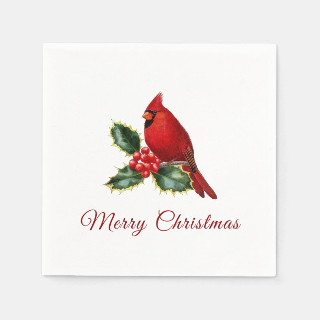 Elegant Christmas Red Cardinal Bird Holly Napkin (Front)