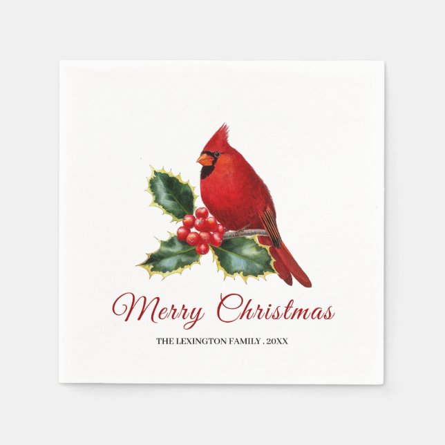 Elegant Christmas Red Cardinal Bird Holly Napkin (Front)