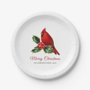 Elegant Christmas Red Cardinal Bird Holly Paper Plate