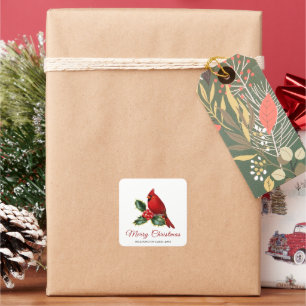 Elegant Christmas Red Cardinal Bird Holly Square Sticker
