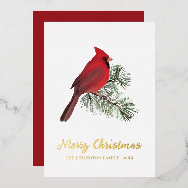Elegant Christmas Red Cardinal Bird Monogram Foil Holiday Card (Front/Back)