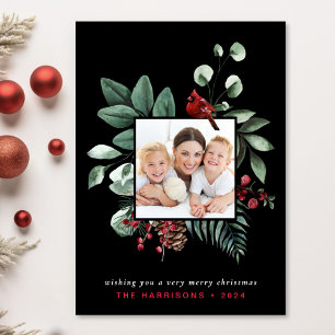 Elegant Christmas Red Cardinal Photo Black Holiday Card