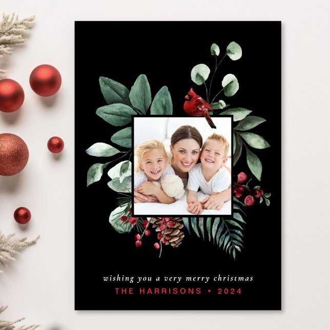 Elegant Christmas Red Cardinal Photo Black Holiday Card (This holiday season, let your family's smiles and heartwarming memories shine on our 3 photo card)