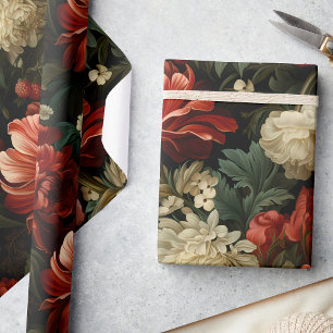 Elegant Christmas Red & Cream Floral Decoupage Wrapping Paper
