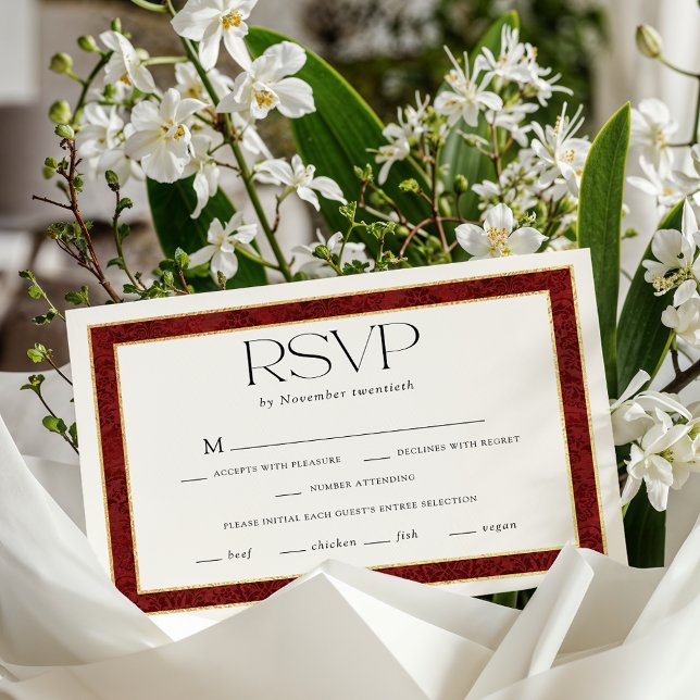 Elegant Christmas Red Damask Border RSVP Card (Creator Uploaded)