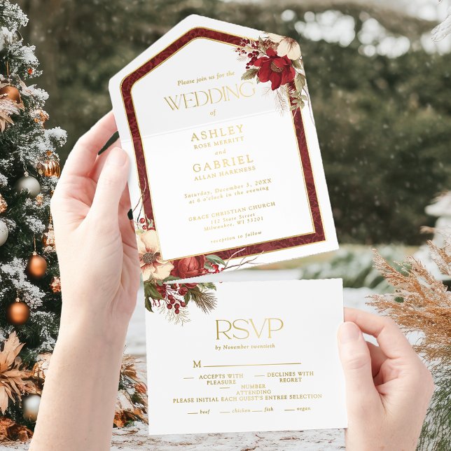 Elegant Christmas Red Damask Floral All In One Invitation (Creator Uploaded)