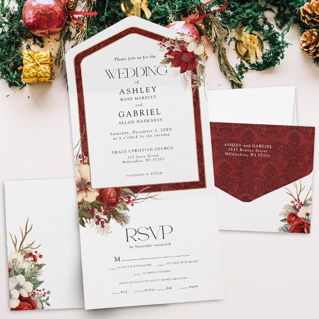 Elegant Christmas Red Damask Floral All In One Invitation (Creator Uploaded)
