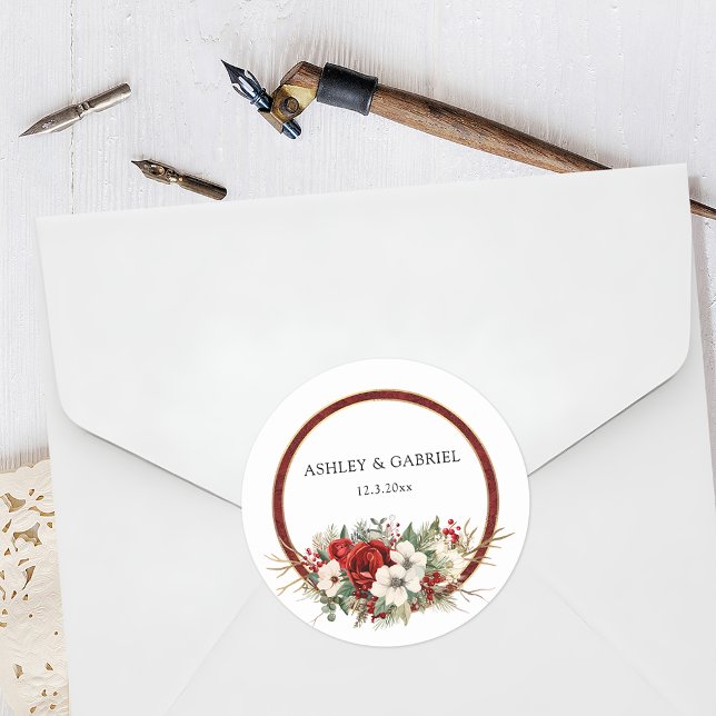 Elegant Christmas Red Damask Floral Classic Round Sticker (Creator Uploaded)