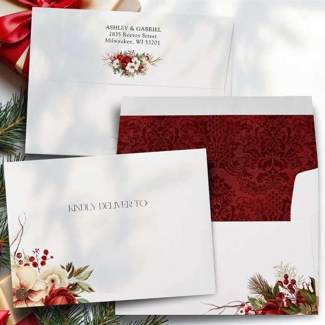 Elegant Christmas Red Damask Floral Envelope (Creator Uploaded)