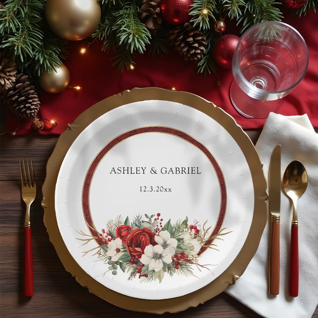 Elegant Christmas Red Damask Floral Paper Plate (Creator Uploaded)