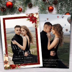 Elegant Christmas Red Damask Floral Photo Save The Date