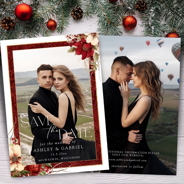 Elegant Christmas Red Damask Floral Photo Save The Date (Creator Uploaded)