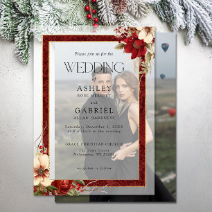 Elegant Christmas Red Damask Floral Vellum Invitations