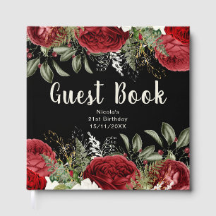 Elegant Christmas Red Flowers Birthday Party Guest Book