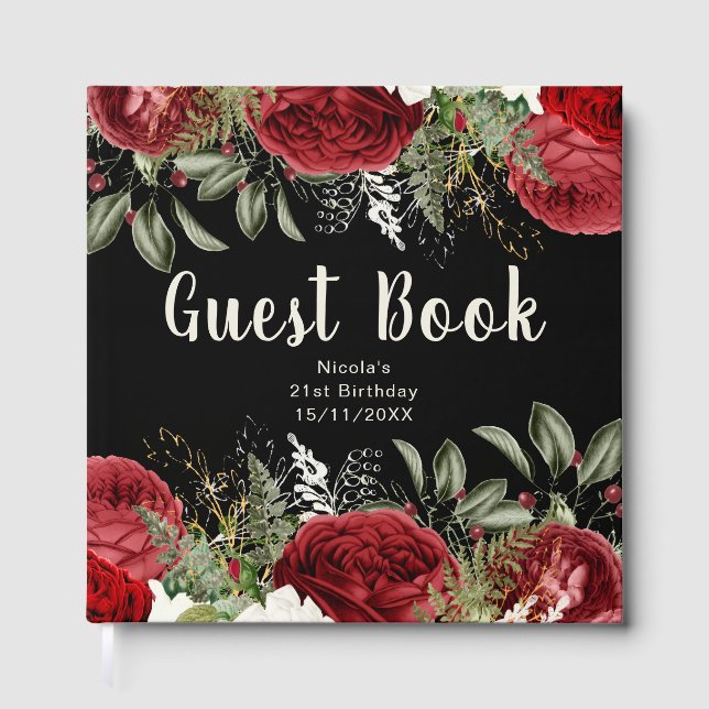 Elegant Christmas Red Flowers Birthday Party Guest Book (Front)
