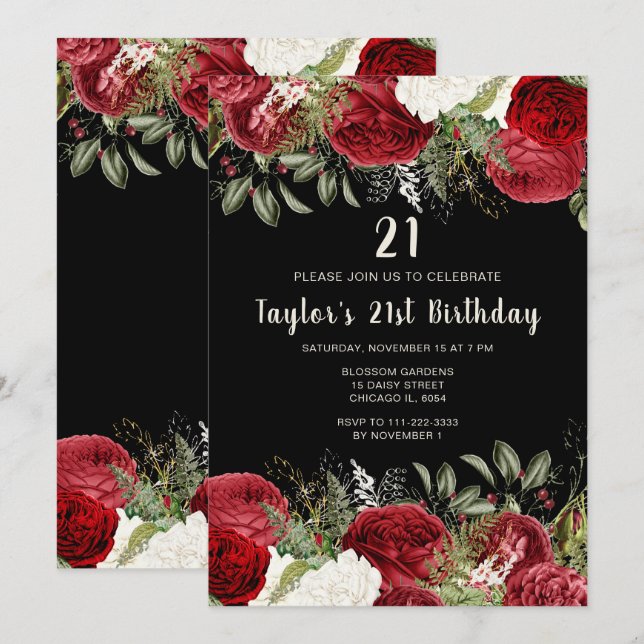 Elegant Christmas Red Flowers Birthday Party Invitation (Front/Back)