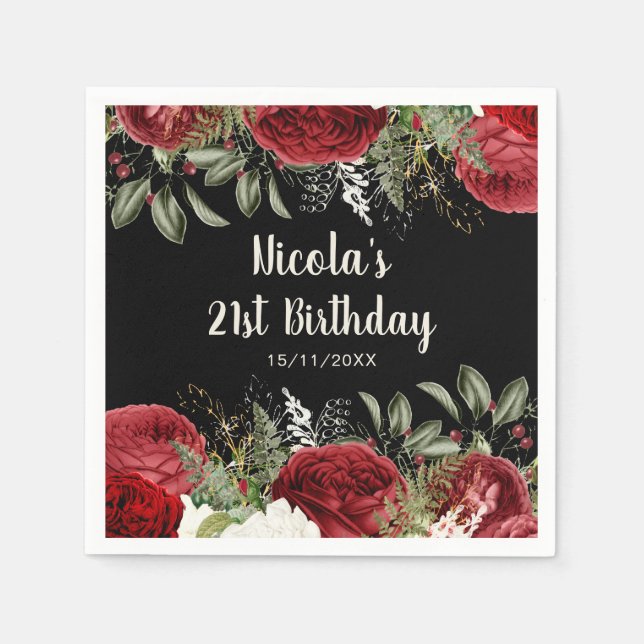 Elegant Christmas Red Flowers Birthday Party Napkin (Front)