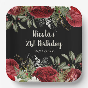 Elegant Christmas Red Flowers Birthday Party Paper Plate
