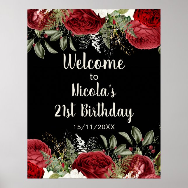 Elegant Christmas Red Flowers Birthday Party Poster (Front)