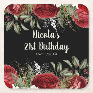 Elegant Christmas Red Flowers Birthday Party Square Paper Coaster