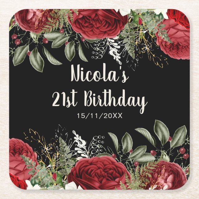 Elegant Christmas Red Flowers Birthday Party Square Paper Coaster (Front)