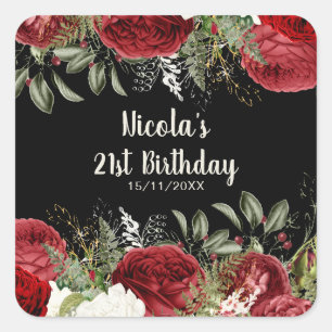 Elegant Christmas Red Flowers Birthday Party Square Sticker
