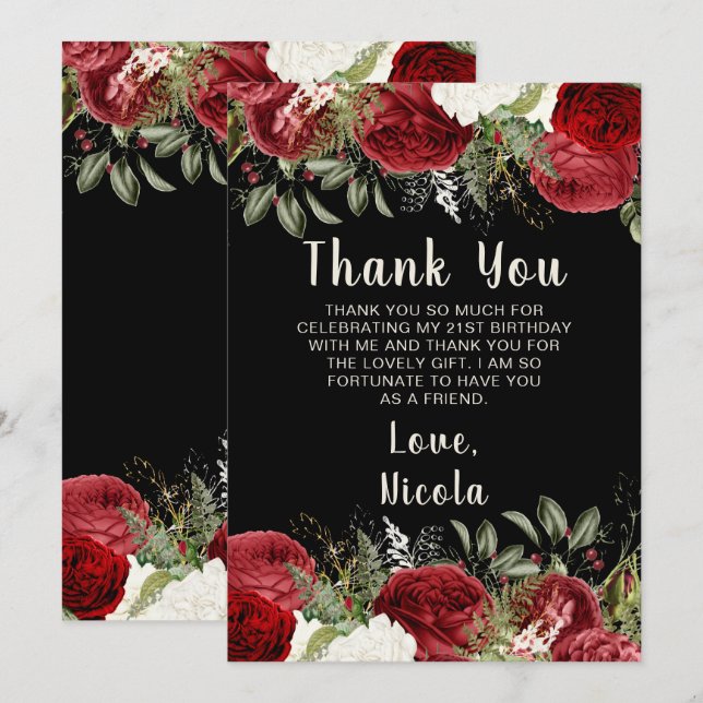 Elegant Christmas Red Flowers Birthday Party Thank You Card (Front/Back)