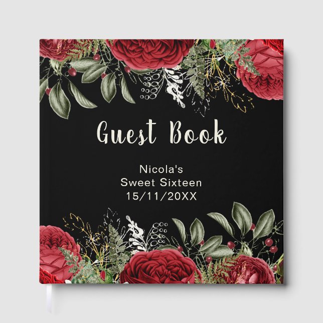 Elegant Christmas Red Flowers Sweet Sixteen Guest Book (Front)