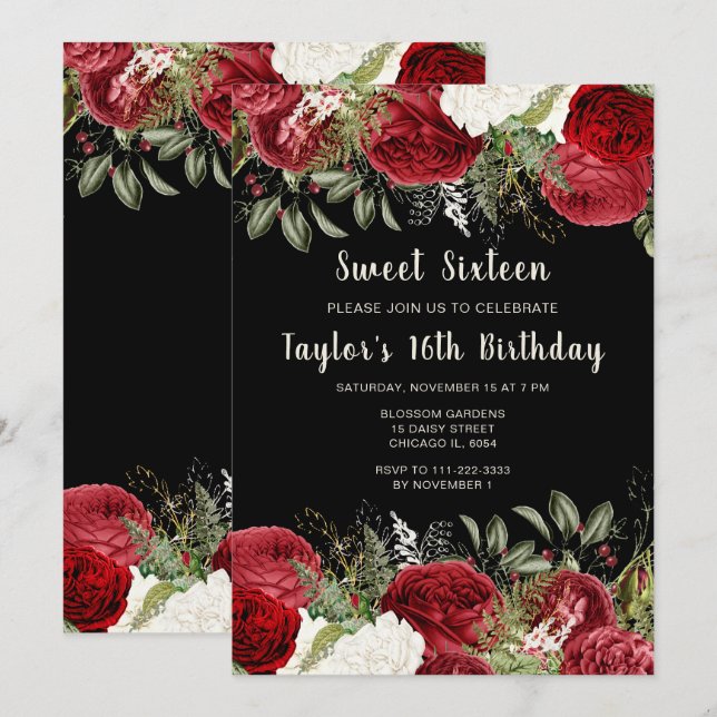 Elegant Christmas Red Flowers Sweet Sixteen Invitation (Front/Back)