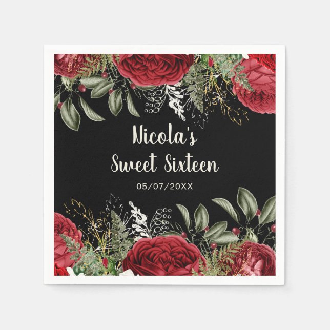 Elegant Christmas Red Flowers Sweet Sixteen Napkin (Front)