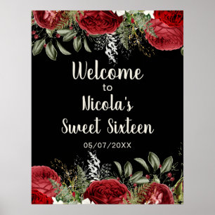 Elegant Christmas Red Flowers Sweet Sixteen Poster