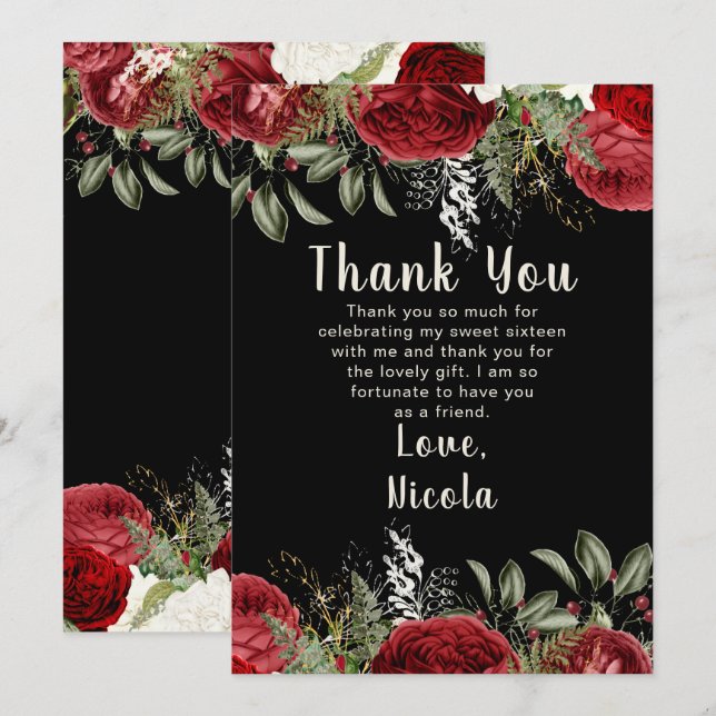 Elegant Christmas Red Flowers Sweet Sixteen Thank You Card (Front/Back)