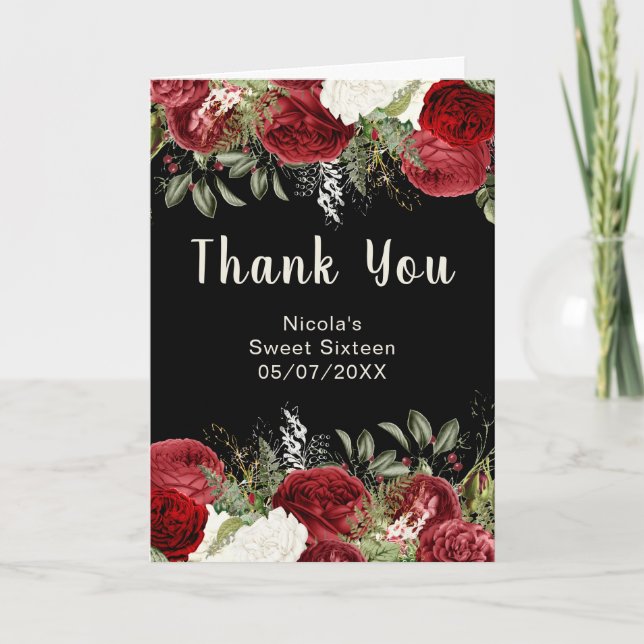 Elegant Christmas Red Flowers Sweet Sixteen Thank You Card (Front)