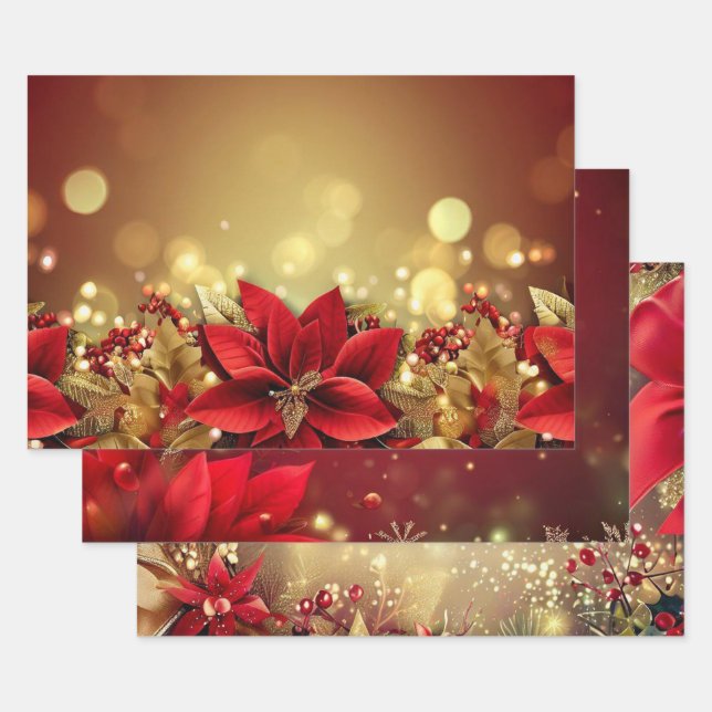 Elegant christmas red gold luxury original  wrapping paper sheet (Set)