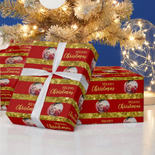 Elegant Christmas Red & Gold Stripes Baby Photo  Wrapping Paper