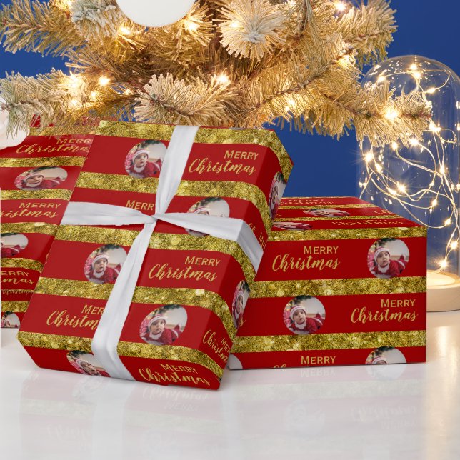 Elegant Christmas Red & Gold Stripes Baby Photo  Wrapping Paper (Holidays)