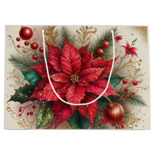 Elegant Christmas Red Poinsettia Flower Gift Bag